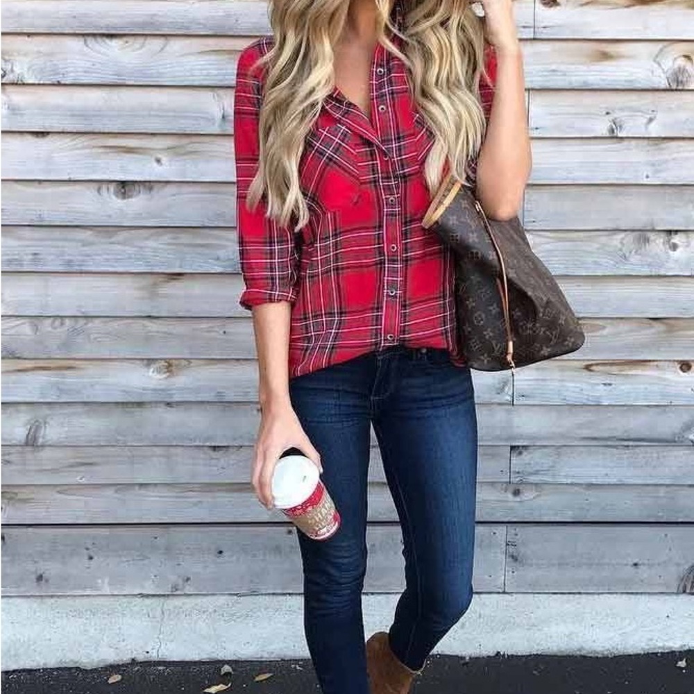 St. John's Bay Red Plaid Button Down Shirt